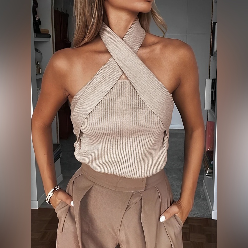 Commense Beige Ribbed Halter Top - Picture 2 of 5